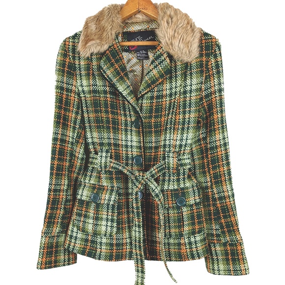 Jackets & Blazers - BKE Belted Pea Coat faux fur collar plaid NWOT